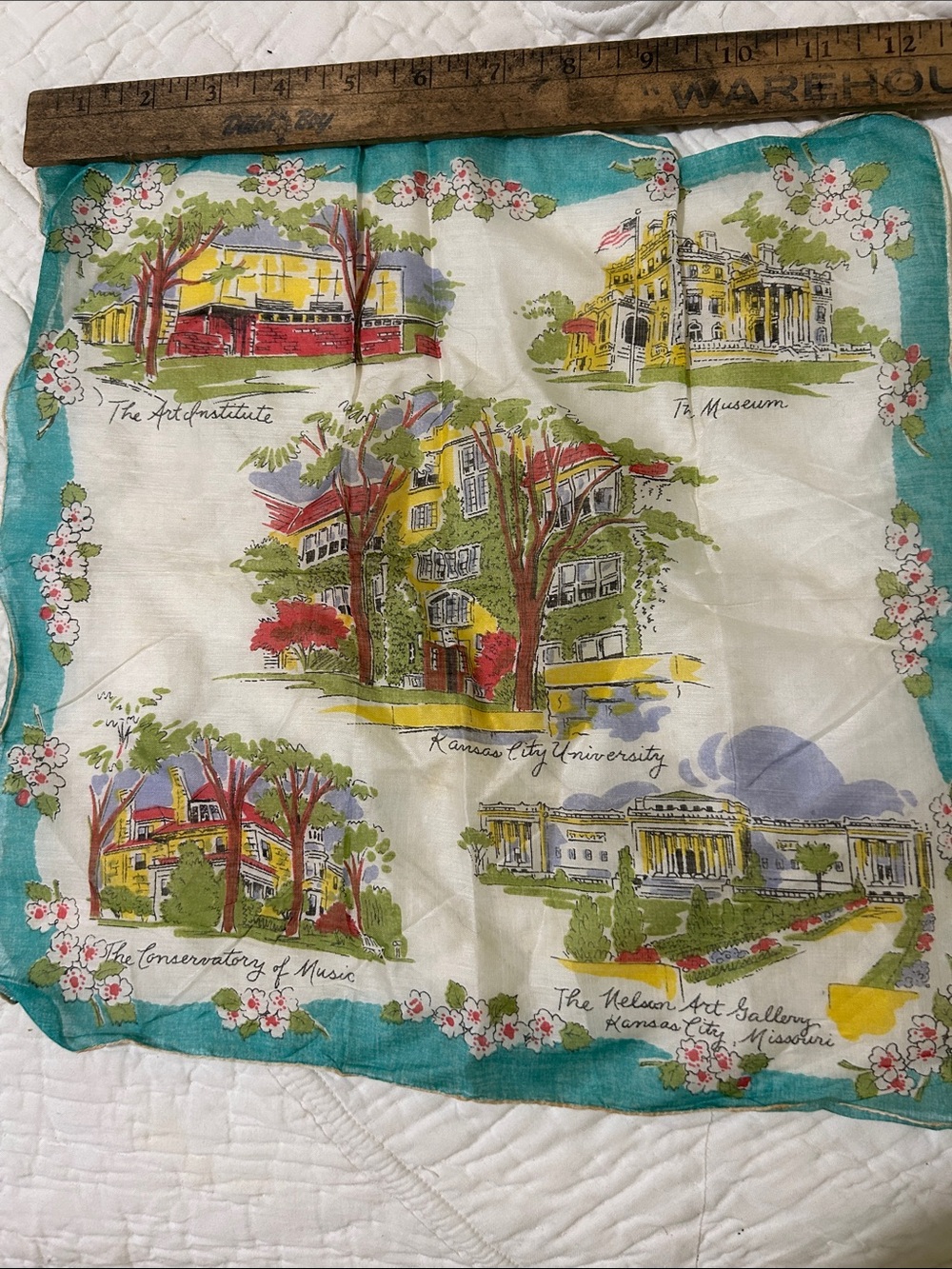 Unique Kansas City hankie . Shows various historic sites.